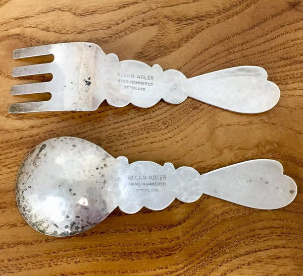 Sterling silver child's fork and spoon with rabbit handles hand hammered