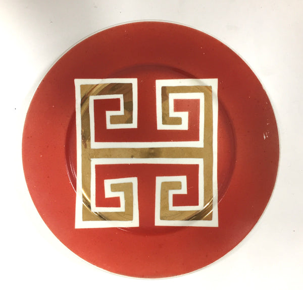 Vintage red plate with gold greek key by Waylande Gregor