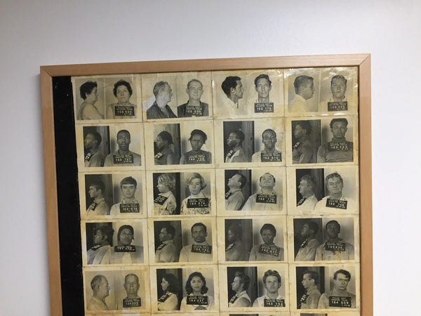 A collection of actual Houston Texas mugshots glued to board and framed