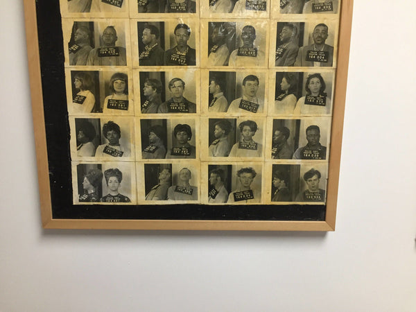 A collection of actual Houston Texas mugshots glued to board and framed