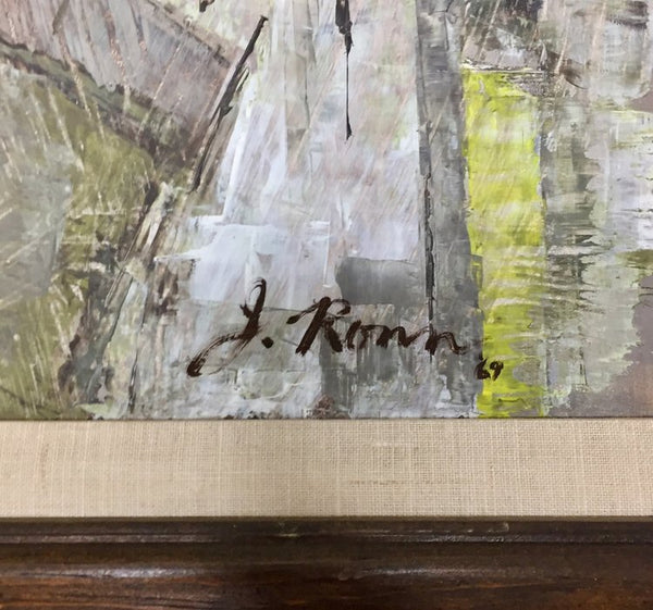 Abstract painting on masonite, signed J. Ronn ’69