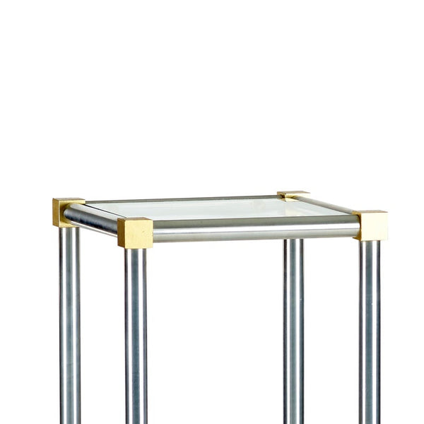 Aluminum and brass side table with glass insert on top in the style of John Vesey