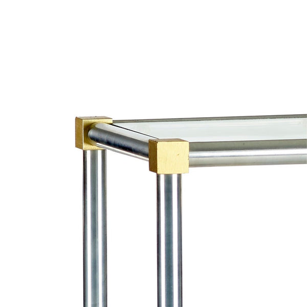 Aluminum and brass side table with glass insert on top in the style of John Vesey