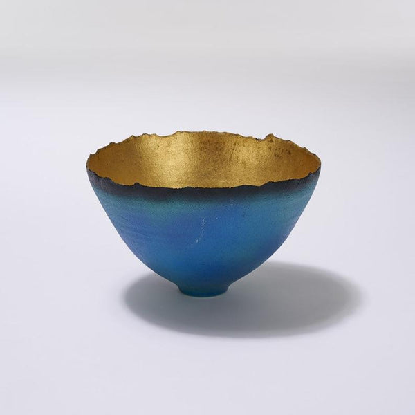 Blue green mottled gold prosperity pottery bowl by Oregon artist Cheryl Williams