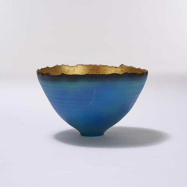 Blue green mottled gold prosperity pottery bowl by Oregon artist Cheryl Williams