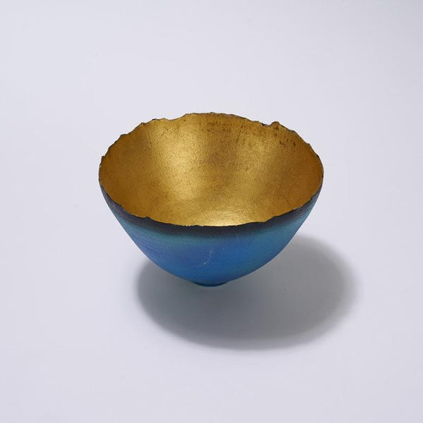 Blue green mottled gold prosperity pottery bowl by Oregon artist Cheryl Williams