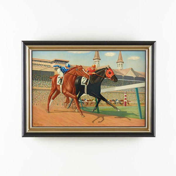 Charming large acrylic painting on canvas of Kentucky Derby race