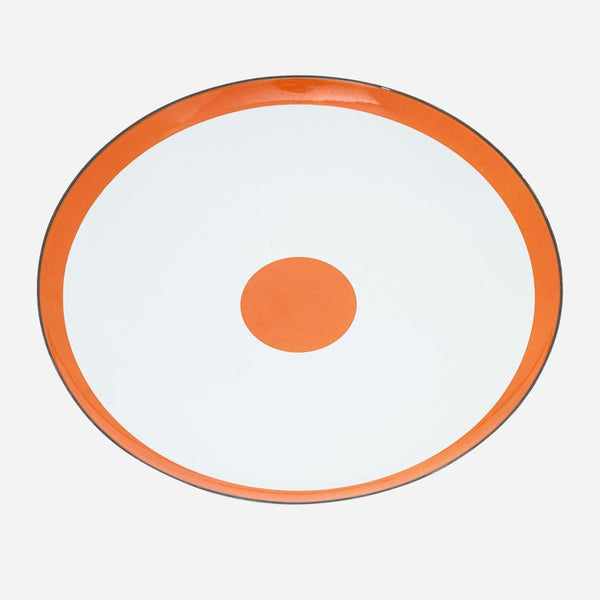 Large white with orange rim and dot enamel platter