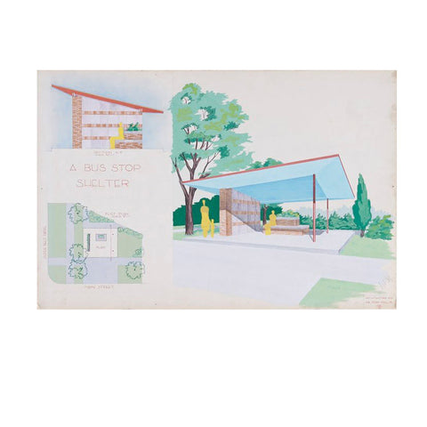 Mid century modern design architectural drawing on mat board from Rice University circa 1950