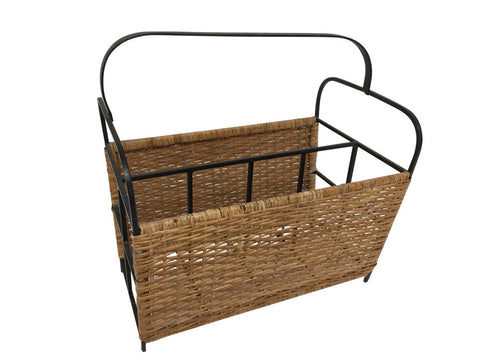 Mid century rattan and black metal magazine rack