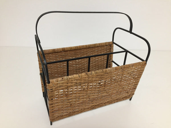 Mid century rattan and black metal magazine rack