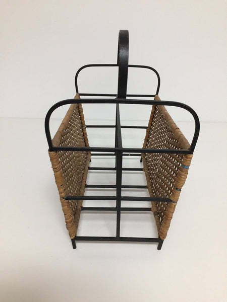 Mid century rattan and black metal magazine rack