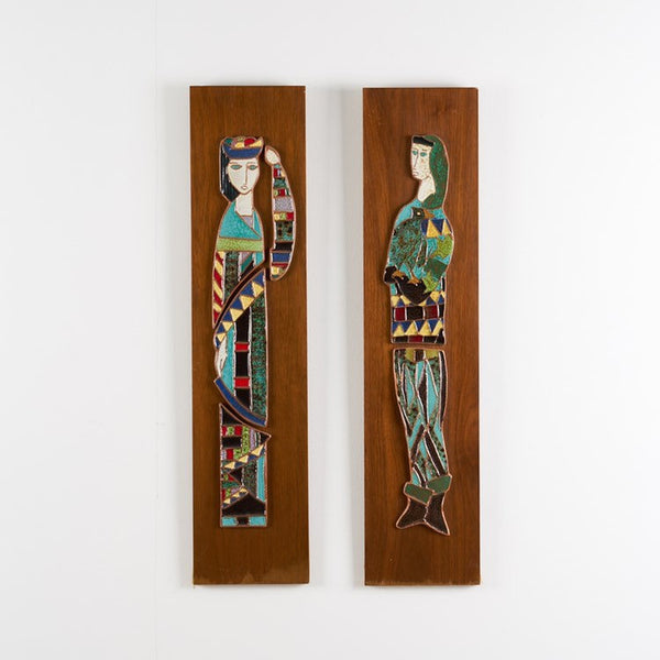 Pair of Harris Strong tile plaques with harlequin figures