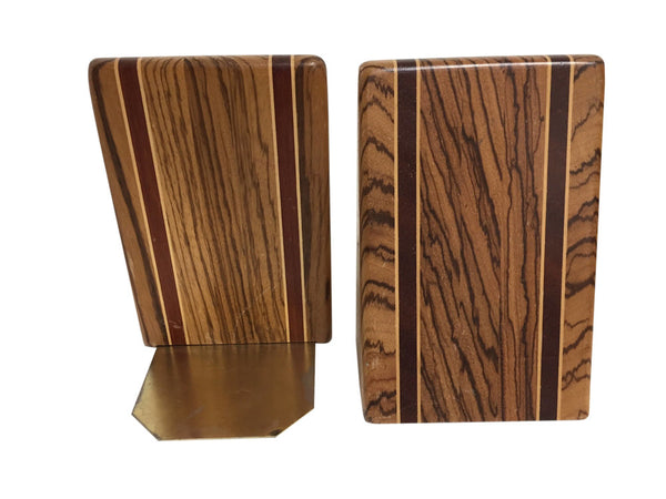 Pair of mid century inlaid exotic wood bookends