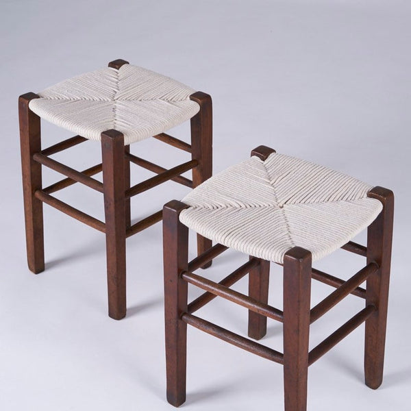 Pair of midcentury hand woven stools made in France