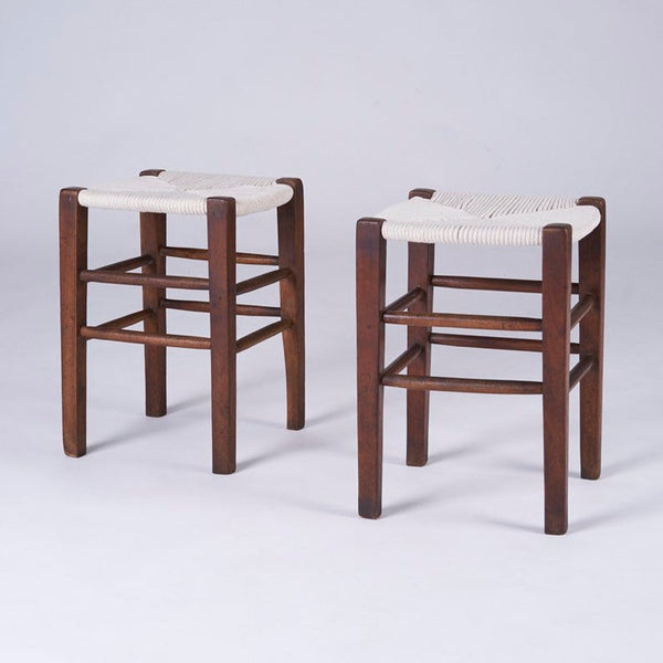 Pair of midcentury hand woven stools made in France