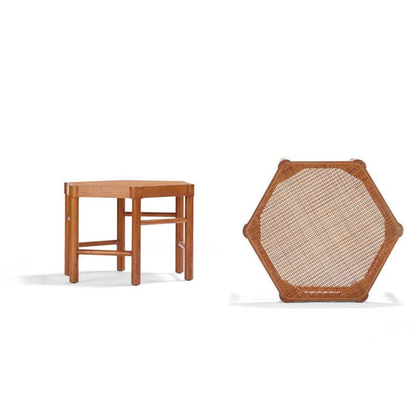 Pair of oak hexagon tables with caned tops, made by the Grand Rapids Bookcase and Chair Company