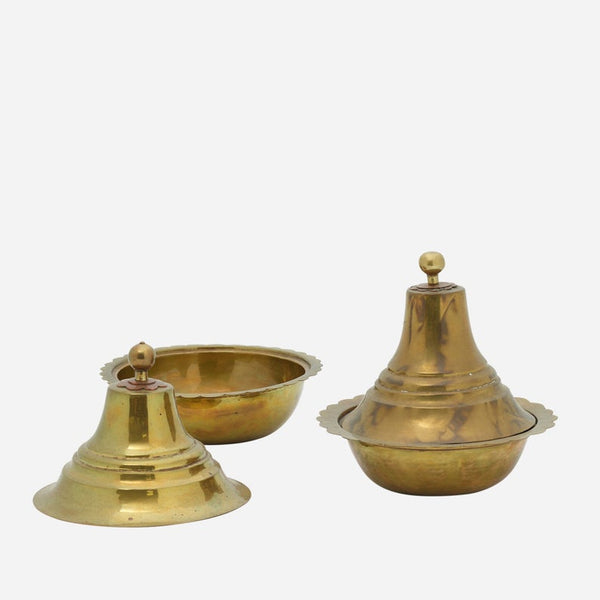 Pair of brass bowls with brass and copper lids