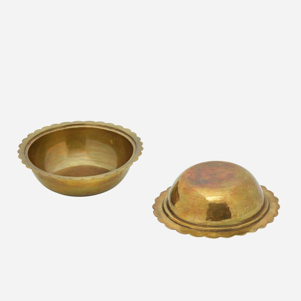 Pair of brass bowls with brass and copper lids