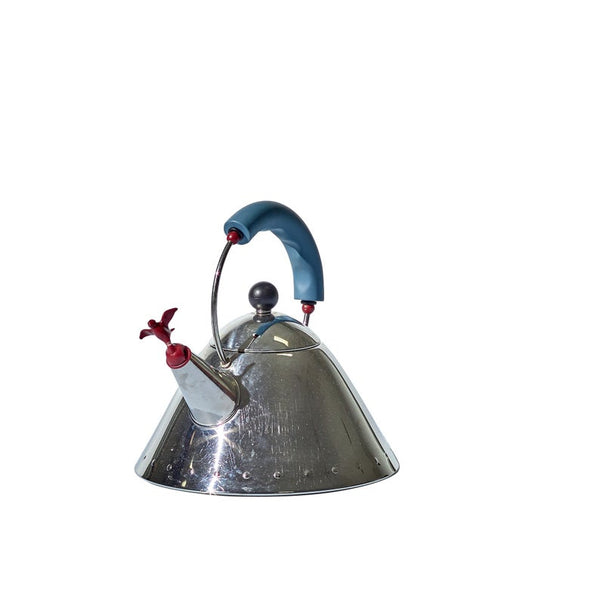 Postmodern design stainless steel Alessi teapot designed by Michael Graves with two whistles