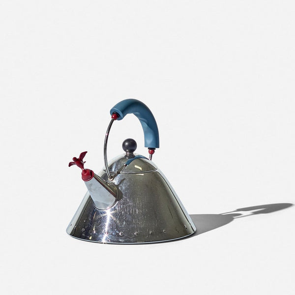 Postmodern design stainless steel Alessi teapot designed by Michael Graves with two whistles