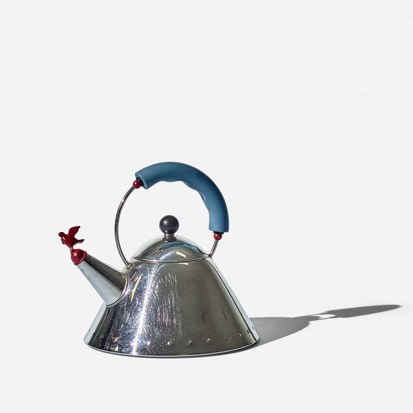 Postmodern design stainless steel Alessi teapot designed by Michael Graves with two whistles