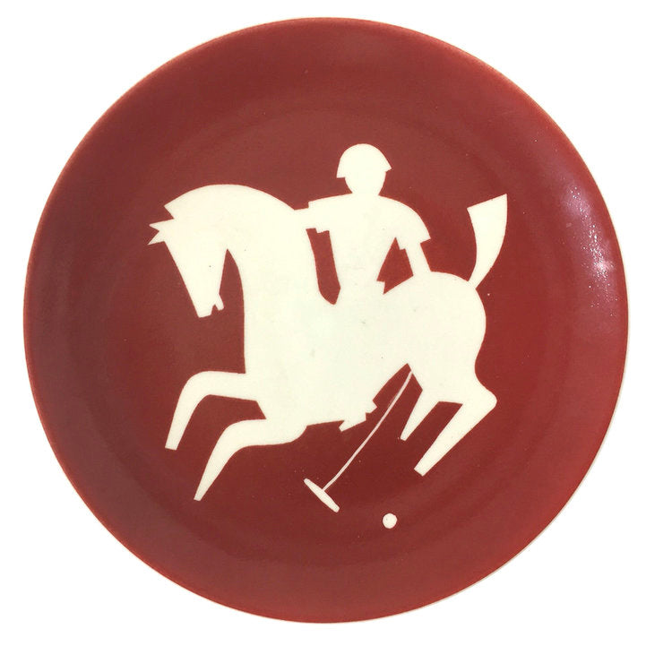 Rare vintage red and white plate with stylized Art Deco polo player