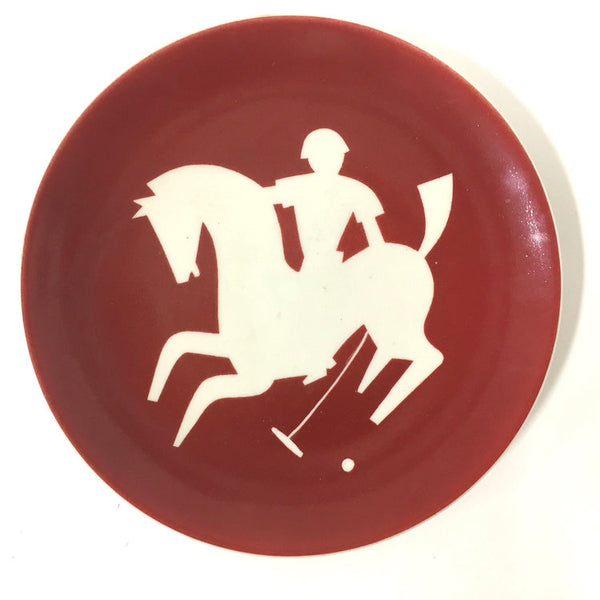 Rare vintage red and white plate with stylized Art Deco polo player