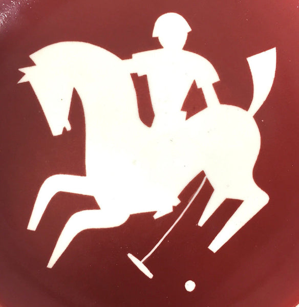 Rare vintage red and white plate with stylized Art Deco polo player