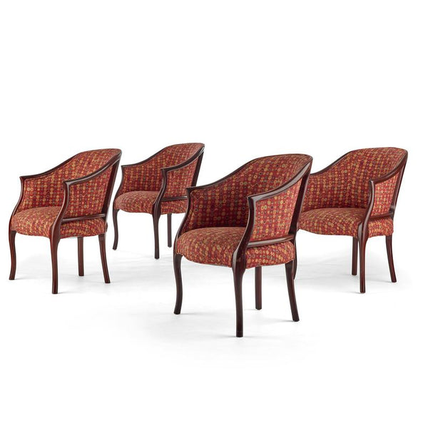 Set of four wood and upholstered transitional design lounge chairs by Kittinger Furniture Company
