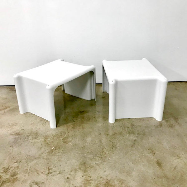 Set of two vintage white plastic stacking tables made