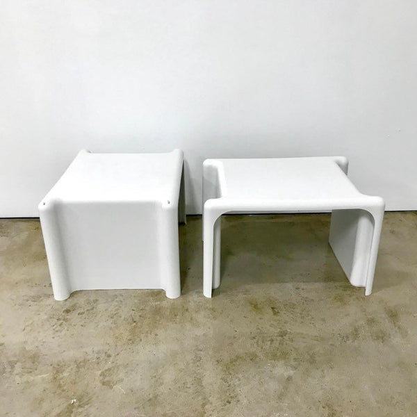 Set of two vintage white plastic stacking tables made