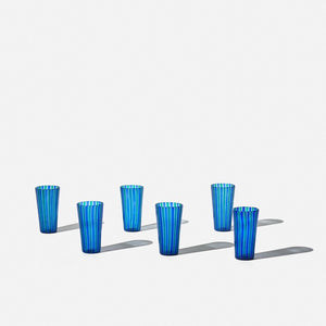 Set of 6 mid century glass tumblers with blue and green stripe in the style of Gio Ponti for Venini