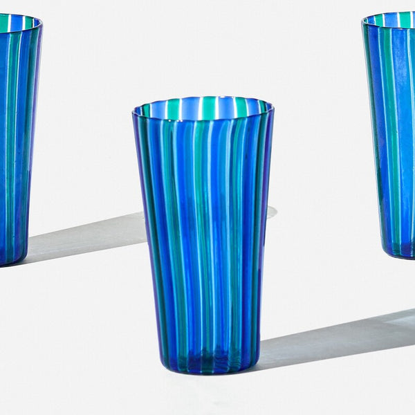 Set of 6 mid century glass tumblers with blue and green stripe in the style of Gio Ponti for Venini