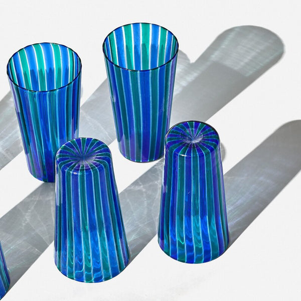 Set of 6 mid century glass tumblers with blue and green stripe in the style of Gio Ponti for Venini