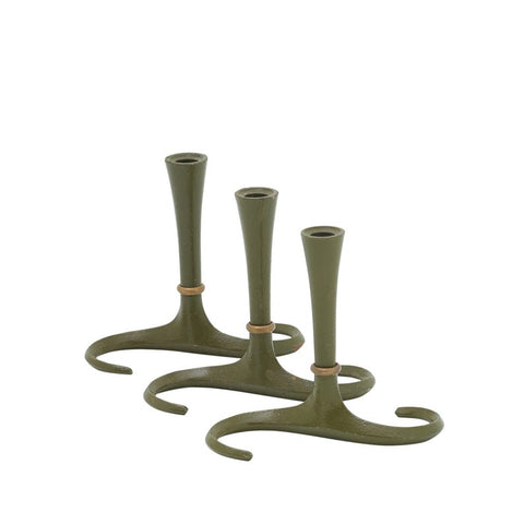 Set of three green iron and brass candle holders by Jens Quistgaard for Dansk