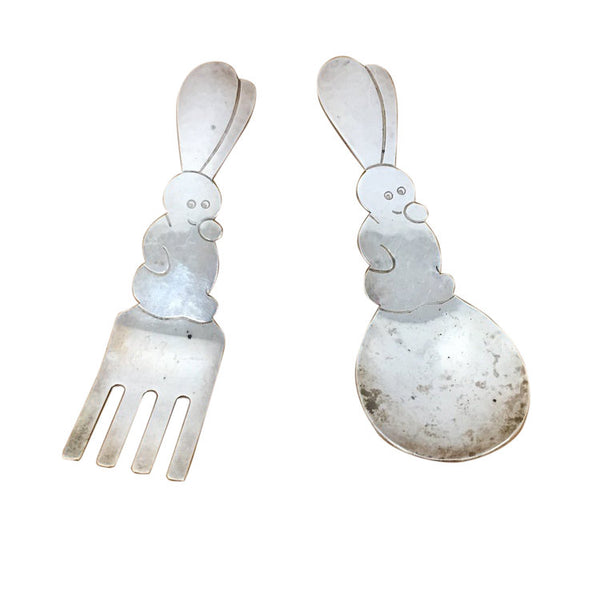 Sterling silver child's fork and spoon with rabbit handles hand hammered