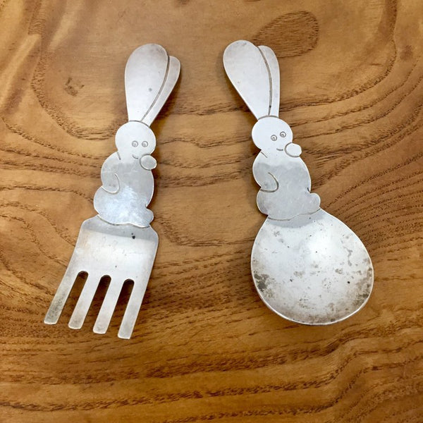 Sterling silver child's fork and spoon with rabbit handles hand hammered