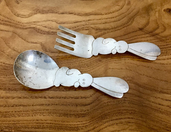 Sterling silver child's fork and spoon with rabbit handles hand hammered