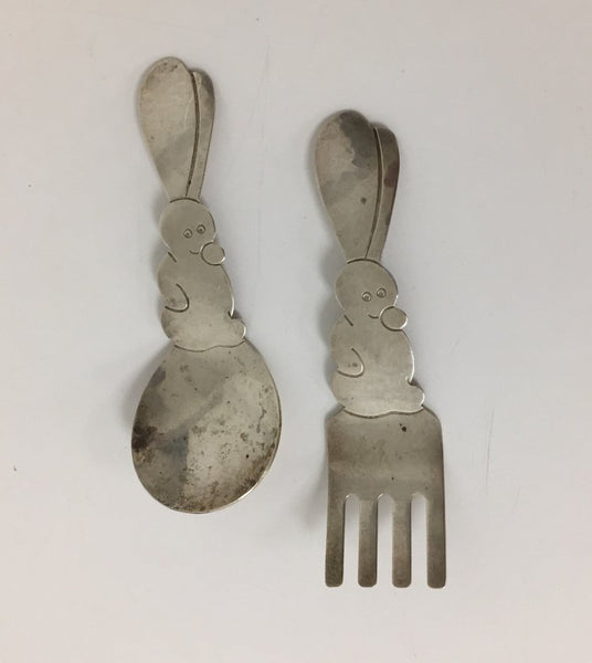 Sterling silver child's fork and spoon with rabbit handles hand hammered