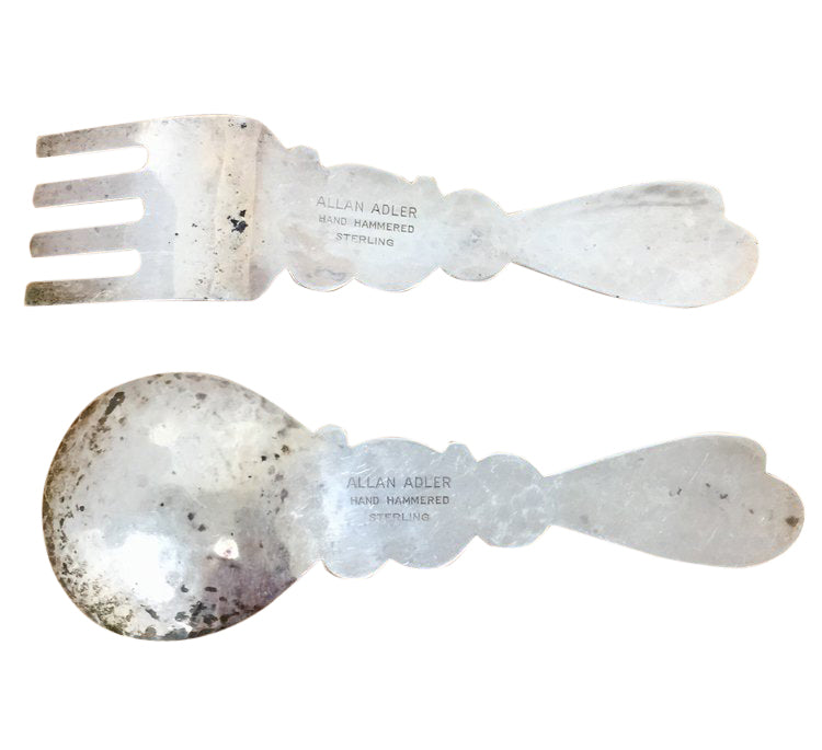 Sterling silver child's fork and spoon with rabbit handles hand hammered