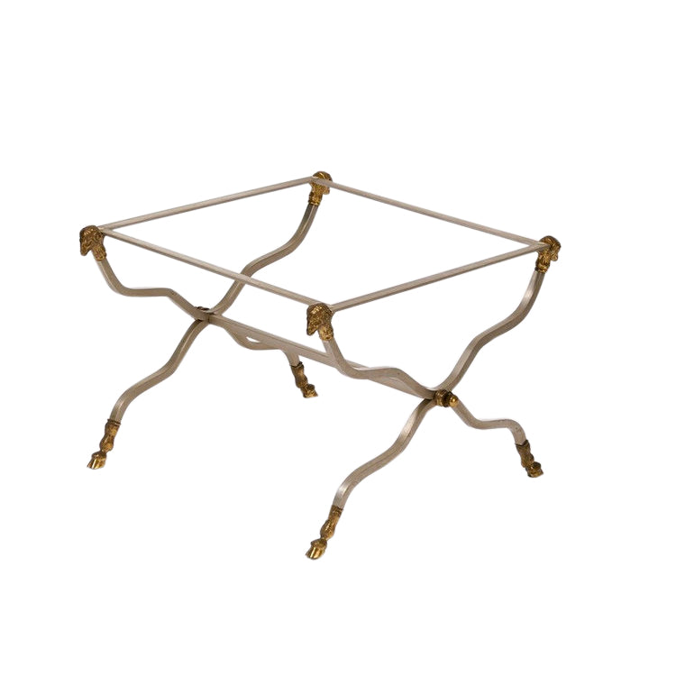 Vintage brass, steel, and glass X-form side table in the style of Maison Jansen