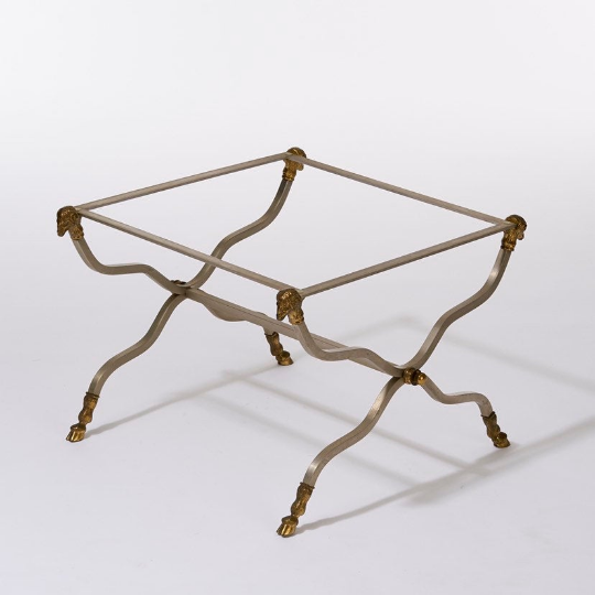 Vintage brass, steel, and glass X-form side table in the style of Maison Jansen