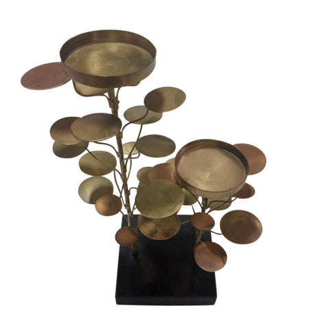 Vintage copper, brass and marble sculpture or candle holder in Curtis Jere tree style