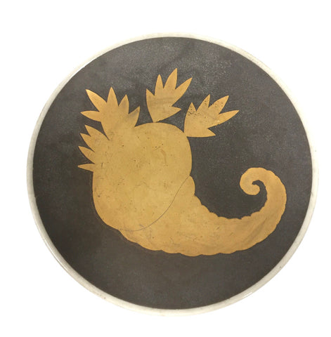 Vintage gray plate with gold cornucopia design