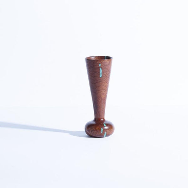 Vintage hand turned walnut vase with turquoise inlay