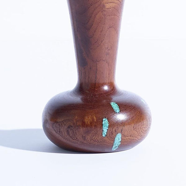 Vintage hand turned walnut vase with turquoise inlay