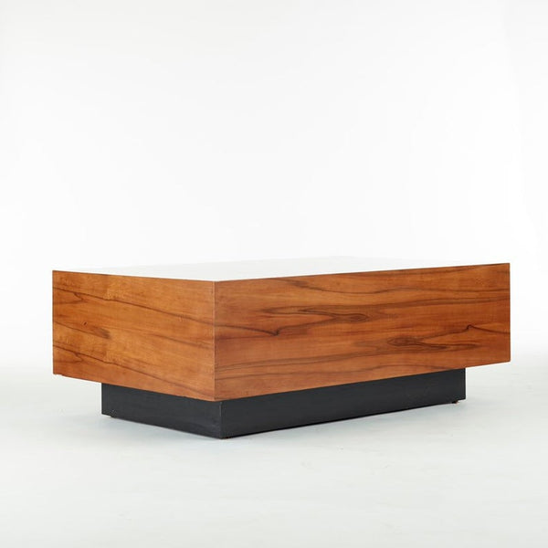 Vintage midcentury modern walnut coffee table with ebonized black plinth base by Milo Baughman