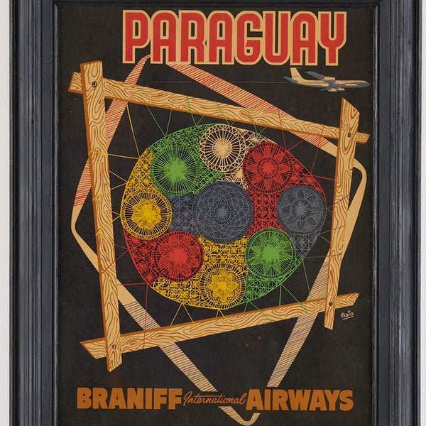 Vintage original framed Braniff International Airways travel poster to Paraquay