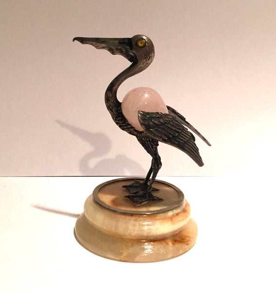 Vintage sterling and stone pelican on marble base